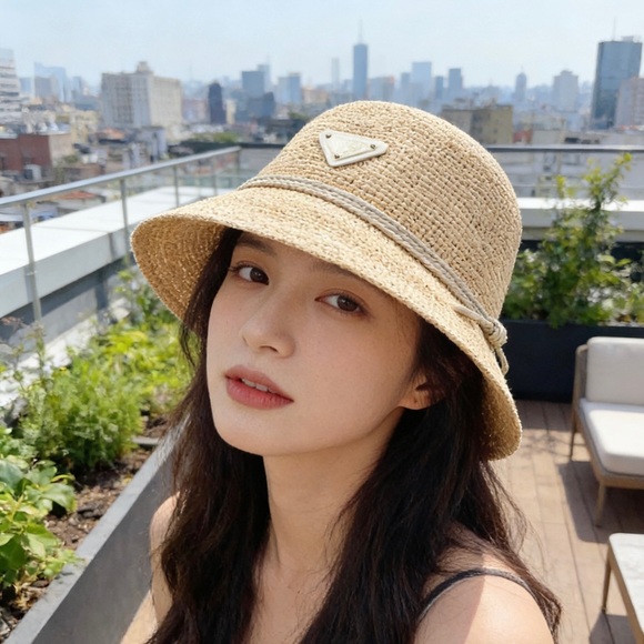 Meet the Posher Accessories - Prada Triangle Logo Straw Bucket Hat